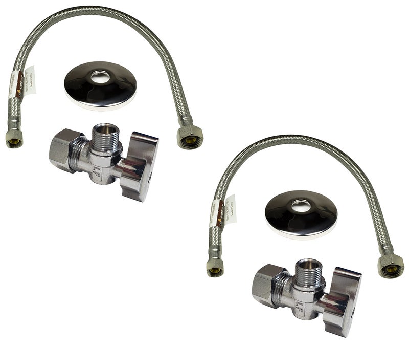 Miiflex Complete Faucet Set Valve 1/2 in. NOM Inlet x 3/8 in. OD Compression Outlet Angle Shut Off Valve + Escutcheon Plate + 20" Long Stainless Steel Braided Lavatory Water Supply Line (2 Pack) - Image 1